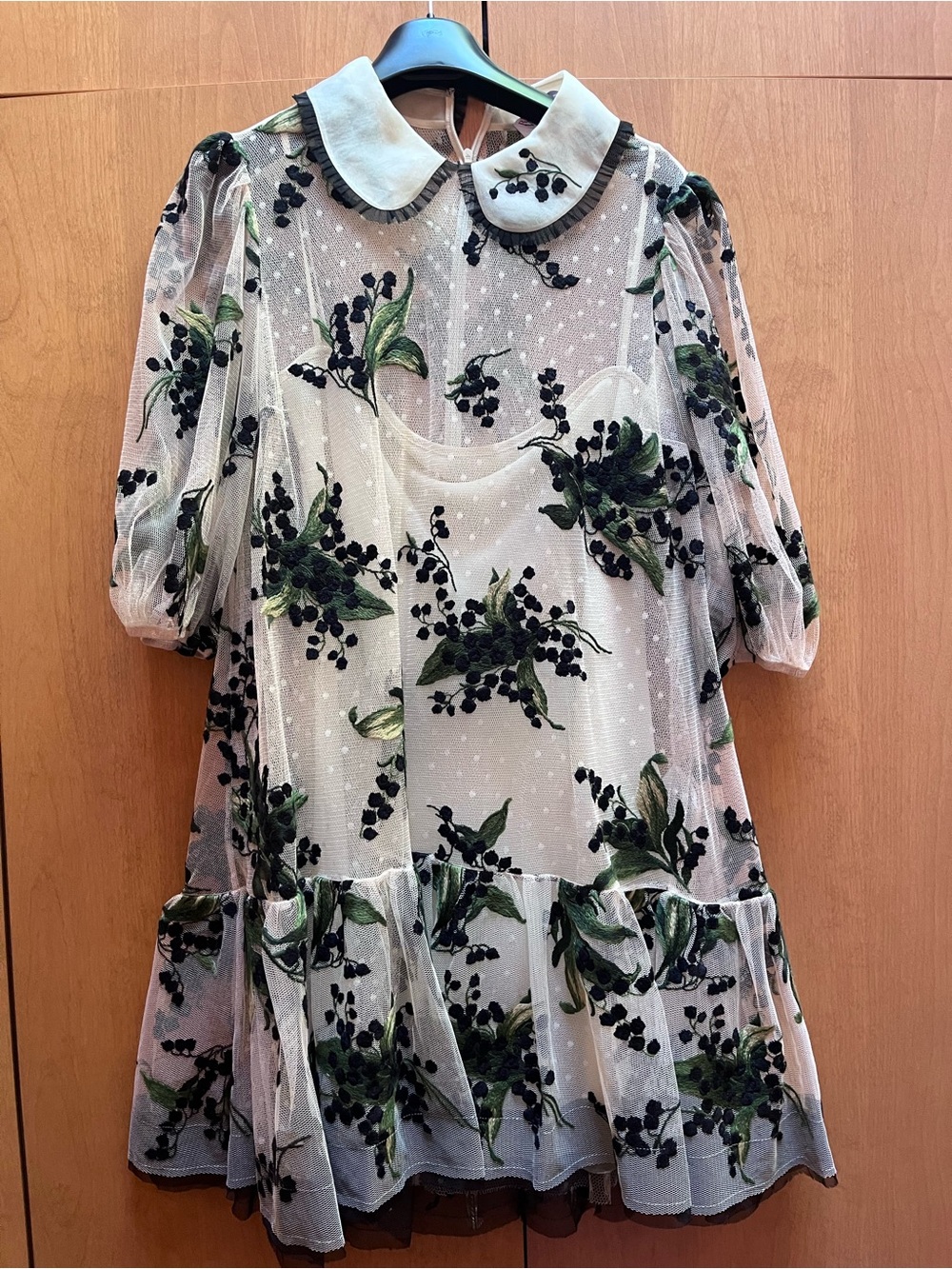 RED Valentino Floral Dot Puff-Sleeve Dress in White and Green